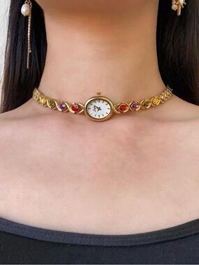 HANDMADE Gold Rhinestone Gemstone Boho “Working Watch” Clock Vintage necklace